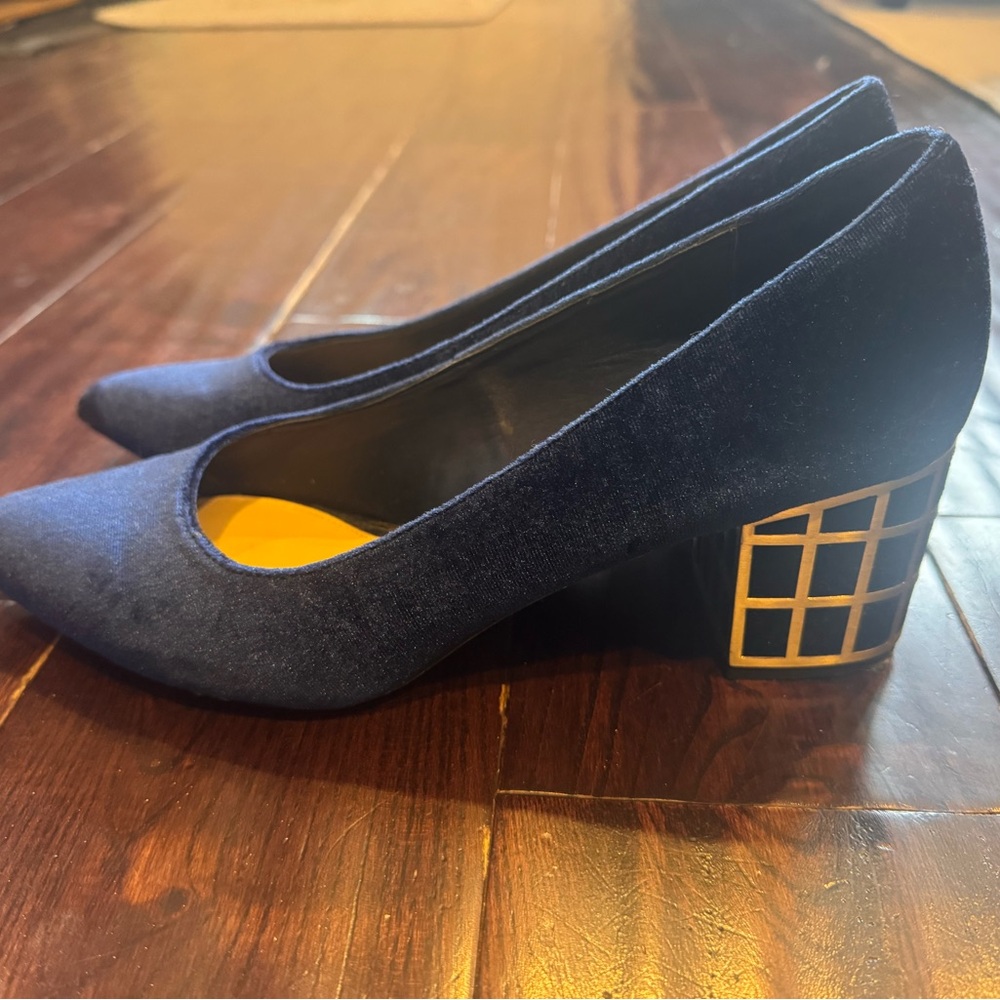 EUC Brian Atwood Navy Velvet Block Heel Pumps Gold Grid Detail